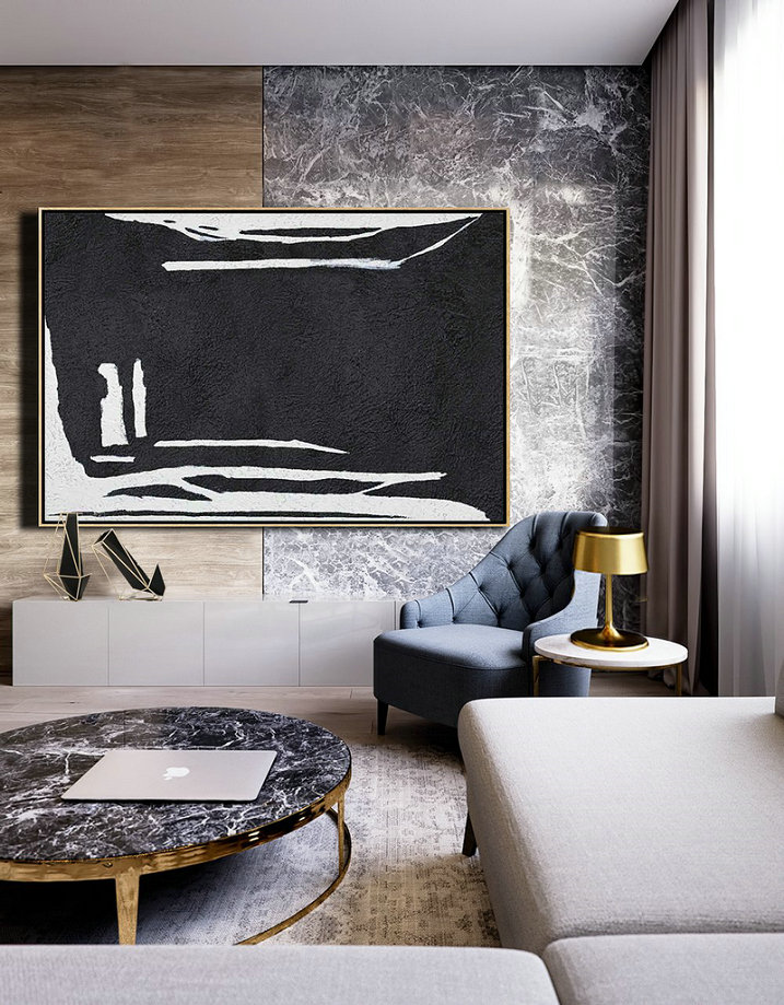 Modern Paintings On Canvas,Hand Painted Oversized Horizontal Minimal Art On Canvas, Black And White Minimalist Painting - Acrylic Painting On Canvas